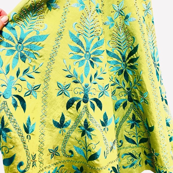 Susan Wong Green Embroidered Linen Beaded Spaghetti Strap Midi Dress - Sz 4 - Picture 10 of 10